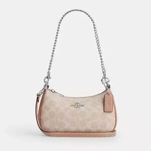 Coach Teri Mini Crossbody Bag Signature Canvas Sand Taupe Silver CW323
